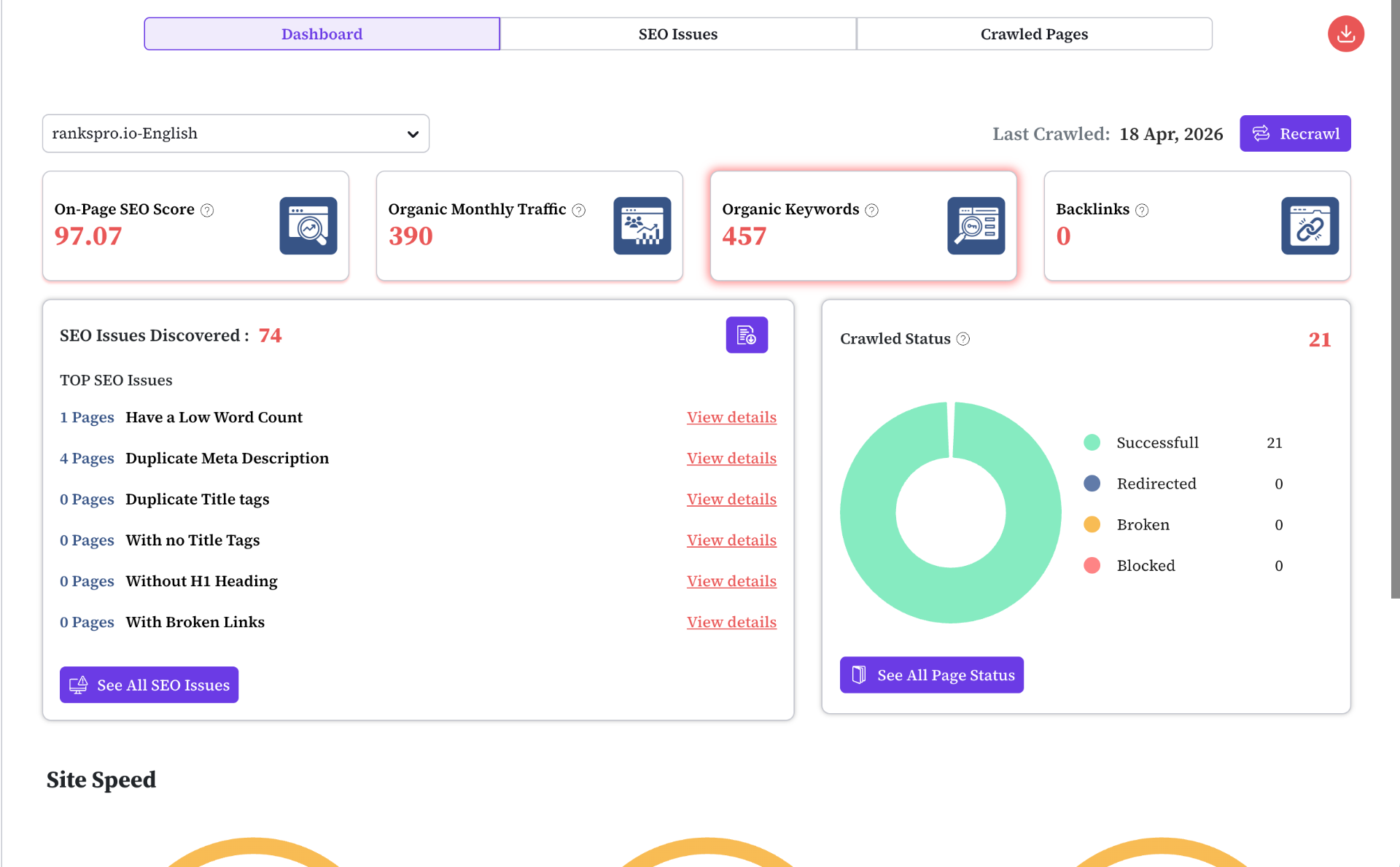 Monitor Core Web Vitals & Site Speed
